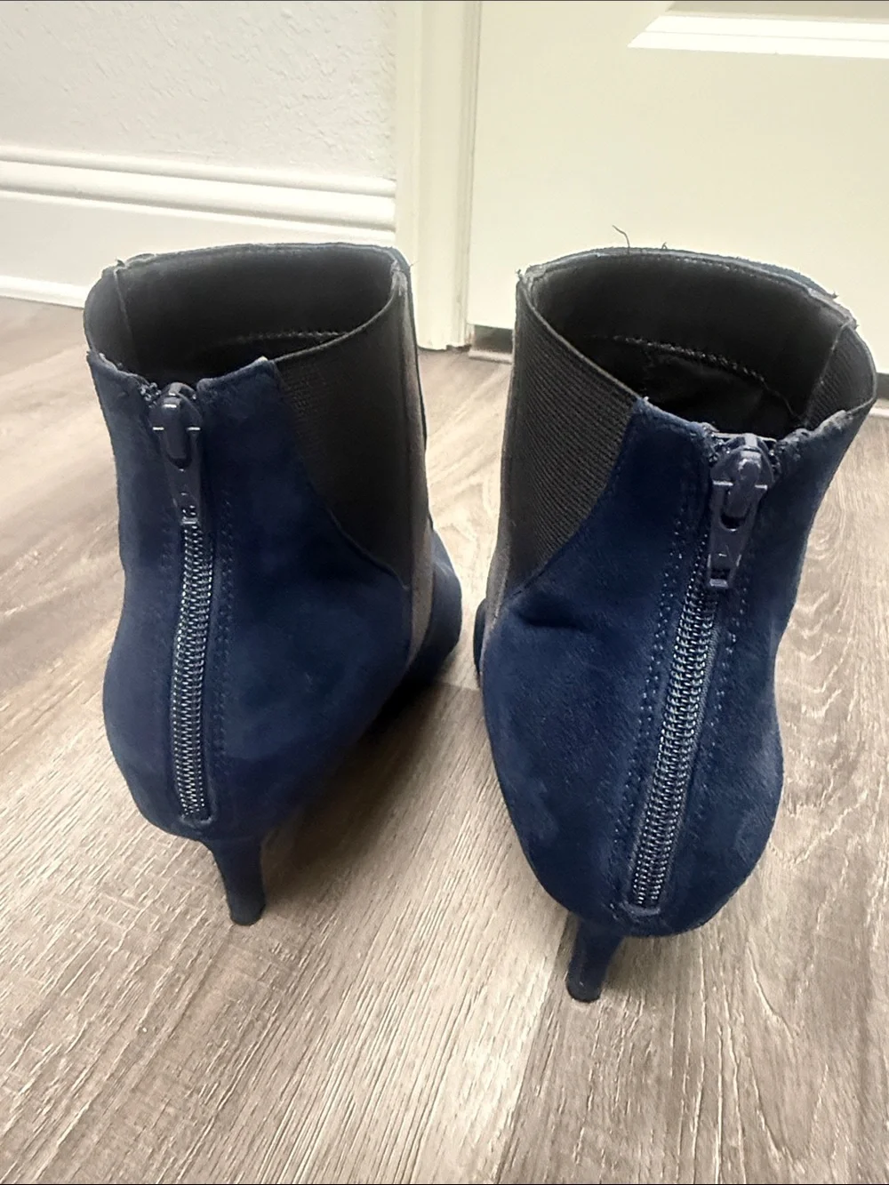 A2 By Aerosoles Navy Suede Pointed Ankle Booties with Gray Panels